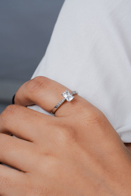 925 Sterling Silver Ring Women American Diamond Emerald Cut Solitaire Wedding Band