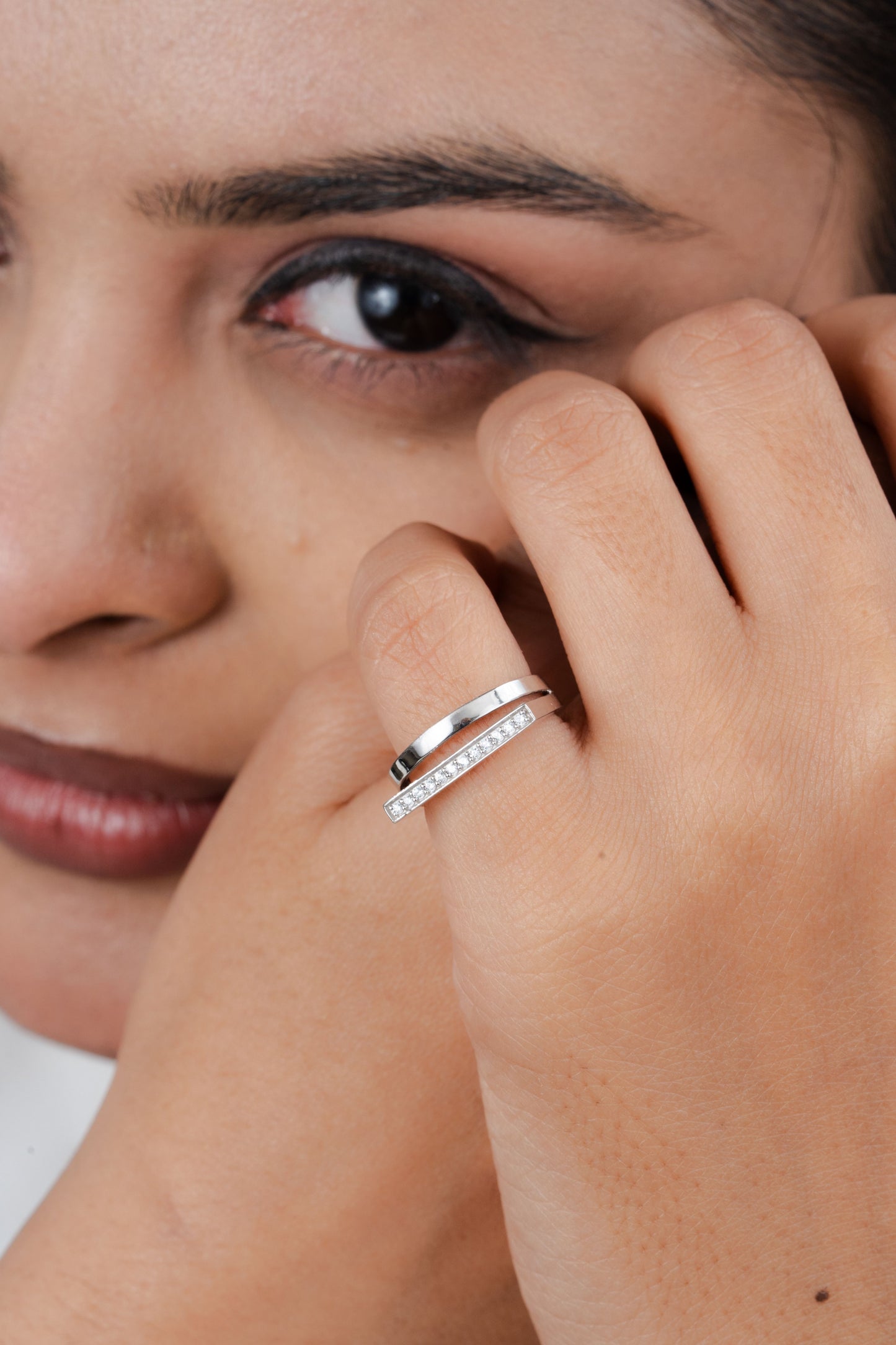 925 Sterling Silver Geometric Ring for Women American Diamond Double Band Jewelry