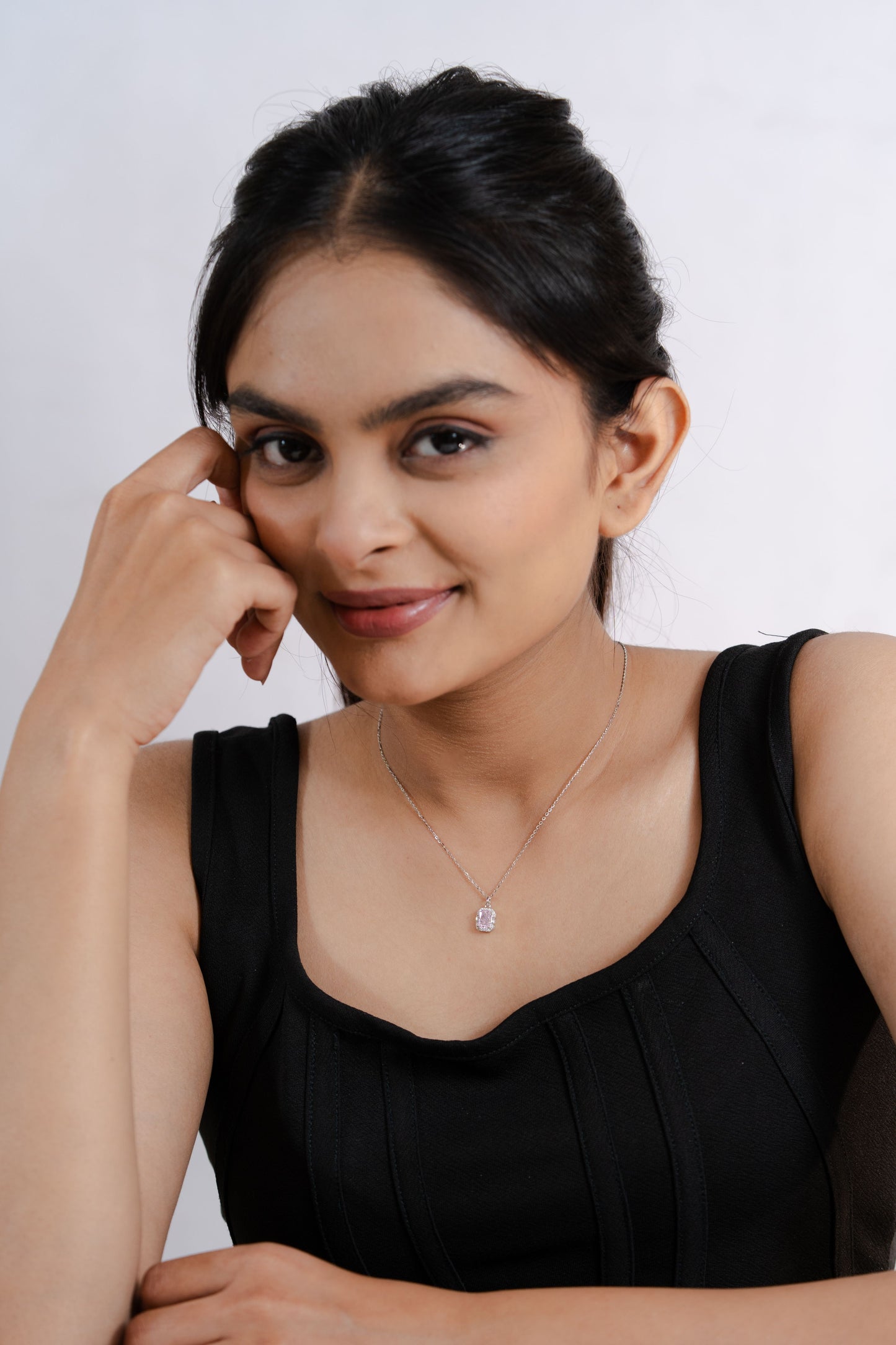 Radiant Cut Pink Diamond Halo Silver Chain Pendant