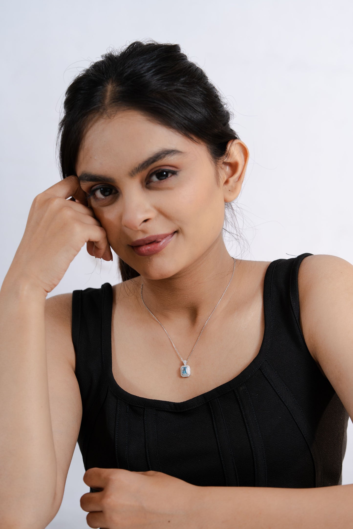 Blue Topaz Halo American Diamond Silver Chain Pendant