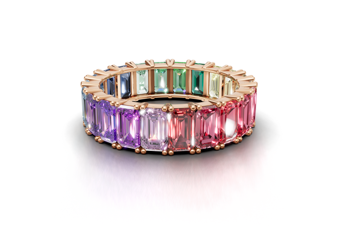 Rainbow Eternity Band Ring – Emerald-Cut Multicolor Stones – 18K Rose Gold – Luxury Statement Jewelry