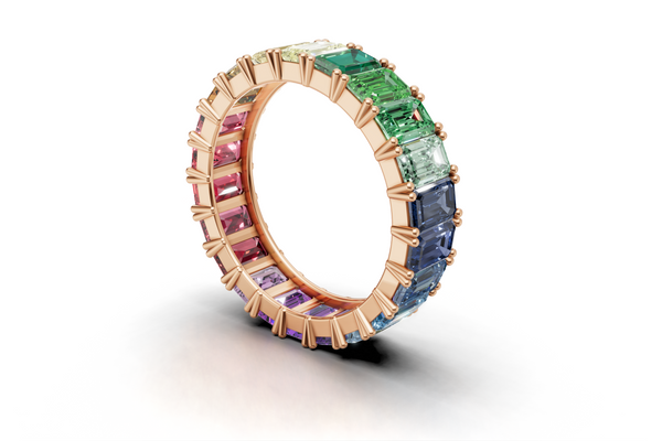 Rainbow Eternity Band Ring – Emerald-Cut Multicolor Stones – 18K Rose Gold – Luxury Statement Jewelry
