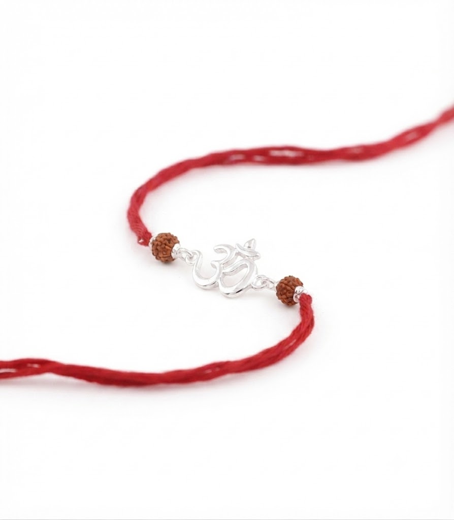 Divine Om Silver Rakhi with Natural Rudraksha Beads