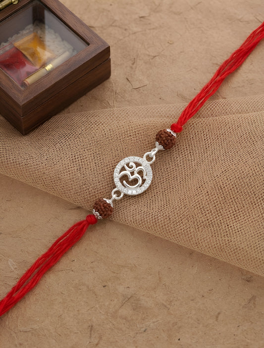 Sacred Om Silver Rakhi with Rudraksha Beads