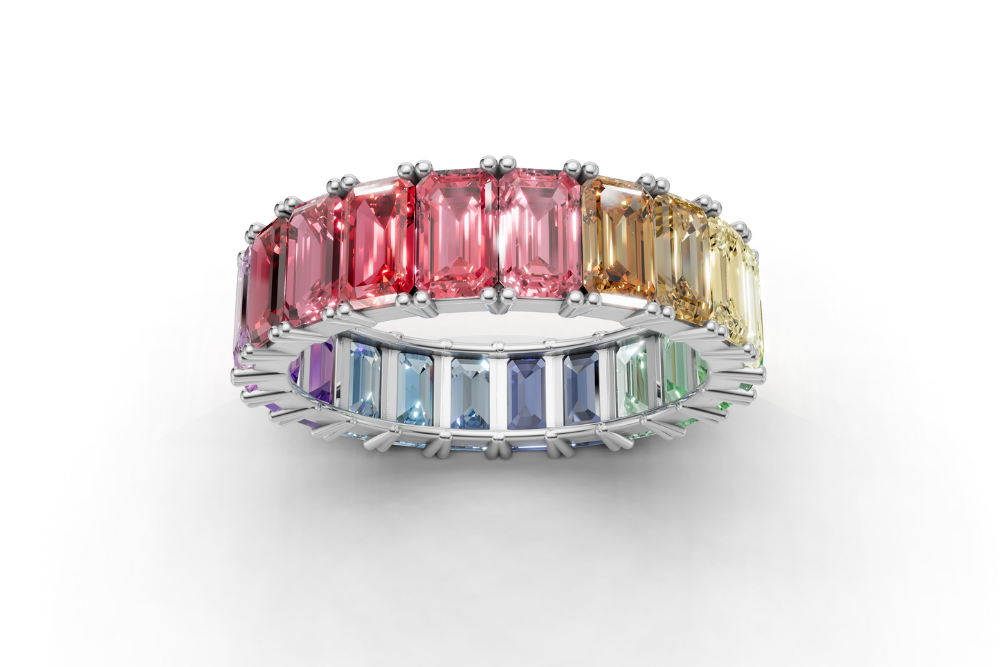 Rainbow Eternity Band Ring – Emerald-Cut Multicolor Stones – 18K Rose Gold – Luxury Statement Jewelry