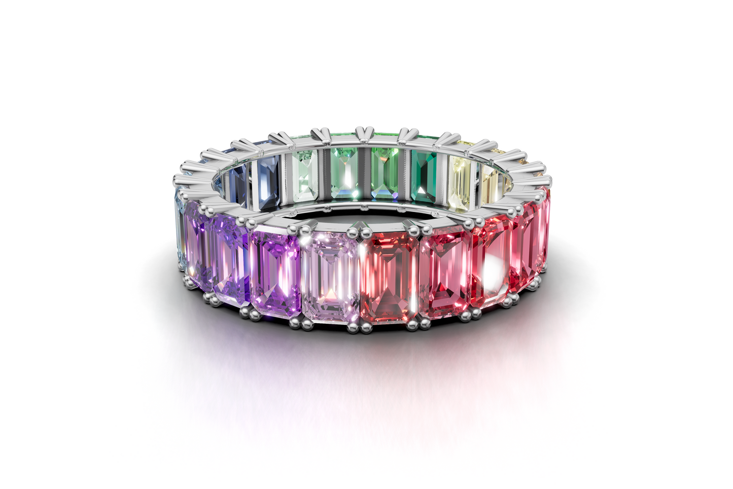 Rainbow Eternity Band Ring – Emerald-Cut Multicolor Stones – 18K Rose Gold – Luxury Statement Jewelry