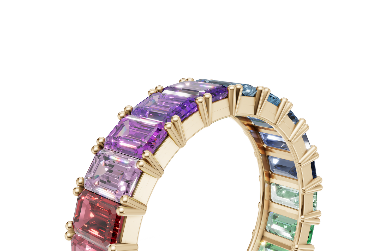 Rainbow Eternity Band Ring – Emerald-Cut Multicolor Stones – 18K Rose Gold – Luxury Statement Jewelry