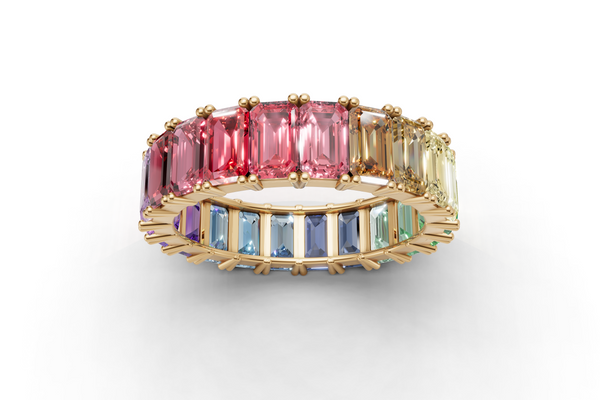 Rainbow Eternity Band Ring – Emerald-Cut Multicolor Stones – 18K Rose Gold – Luxury Statement Jewelry