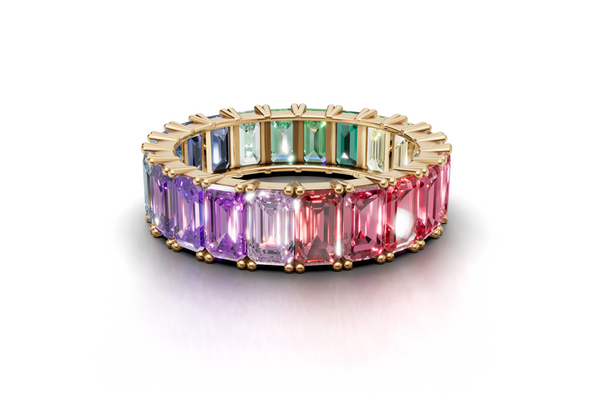Rainbow Eternity Band Ring – Emerald-Cut Multicolor Stones – 18K Rose Gold – Luxury Statement Jewelry