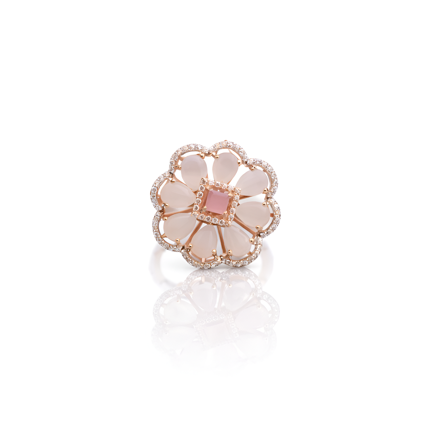 "Elegant Rose Gold Floral Ring with Pink Gemstone & White Accents"