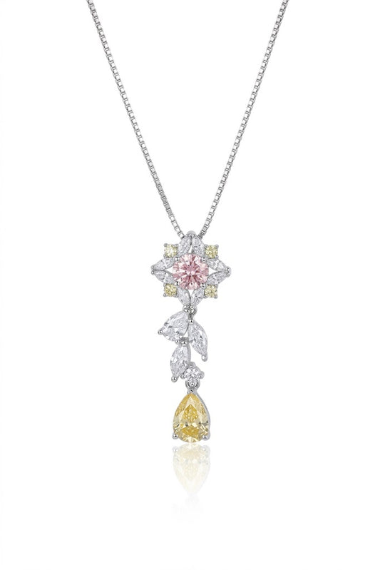 925 Sterling Silver Flower Pendant Necklace American Diamond Yellow Pear Cut Gift