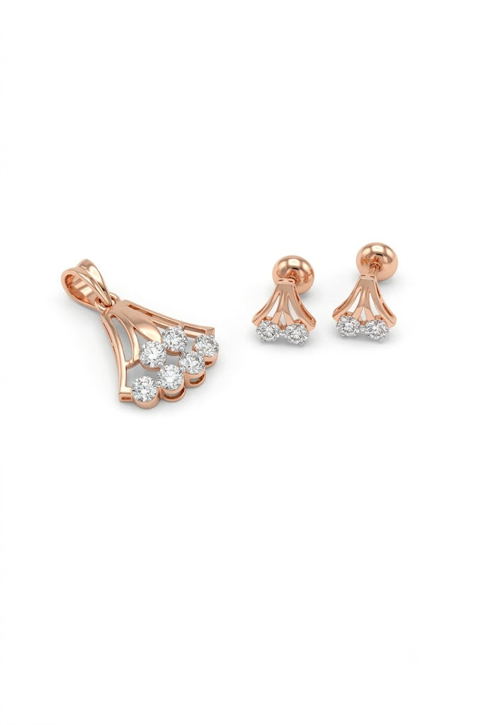 Rose Gold Floral Diamond Pendant & Earring Set – Elegant Jewelry for Women