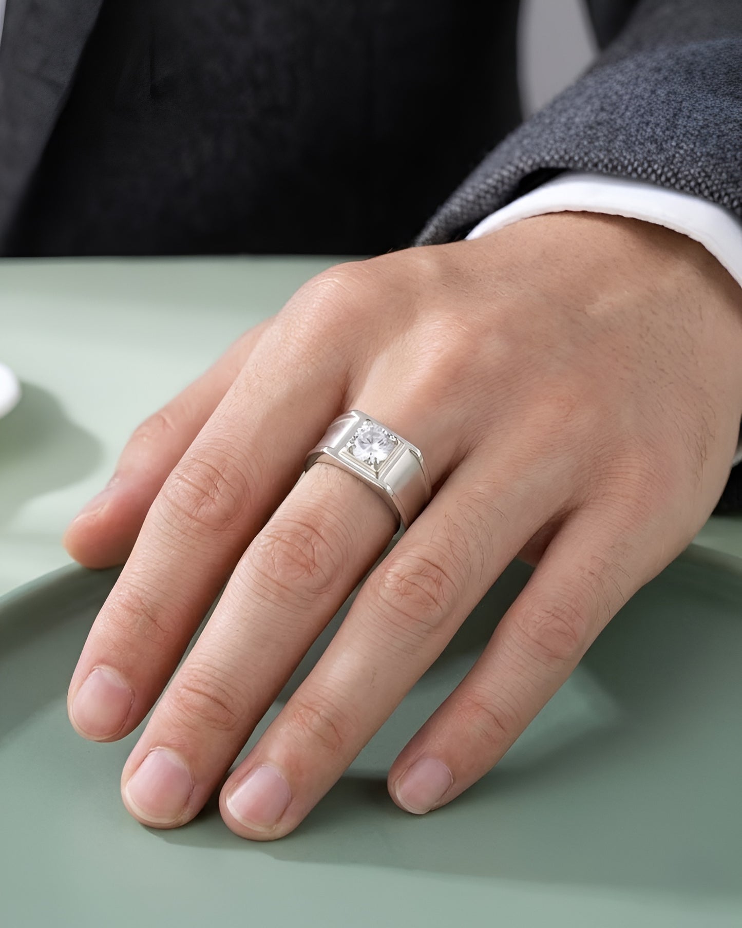 Solid 925 Sterling Silver Men’s Ring Brilliant Round Cut Moissanite Diamond Band