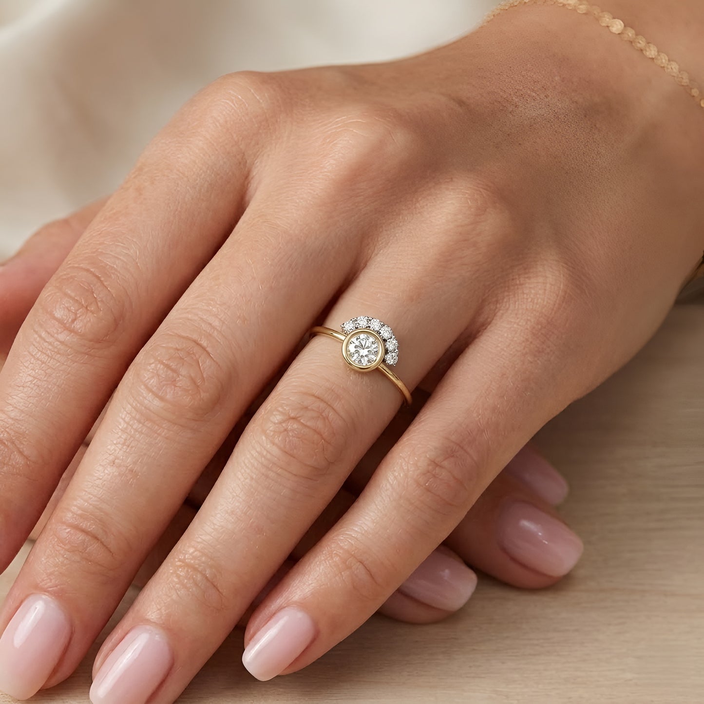 Moissanite Bezel Set Halo Ring in Solid 14KT Yellow Gold | Nakrani Gold Hallmark Quality