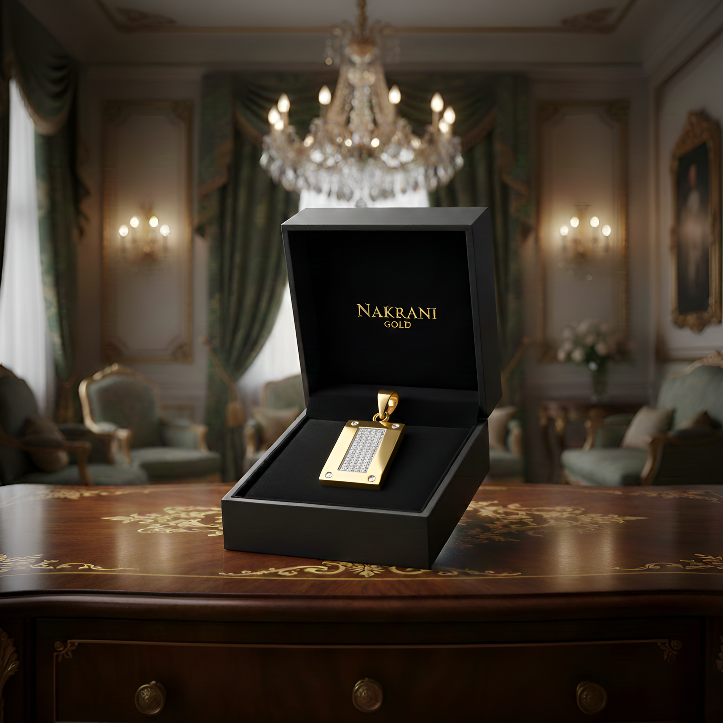 Modern Gold Men Rectangle Pendant with American Diamonds – Sleek & Stylish