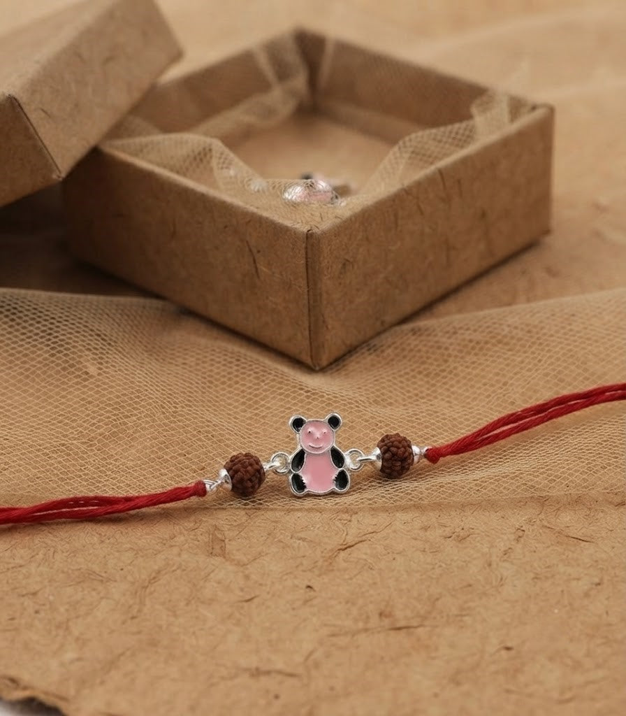Cute Pink Bear Enamel Silver Rakhi for Kids