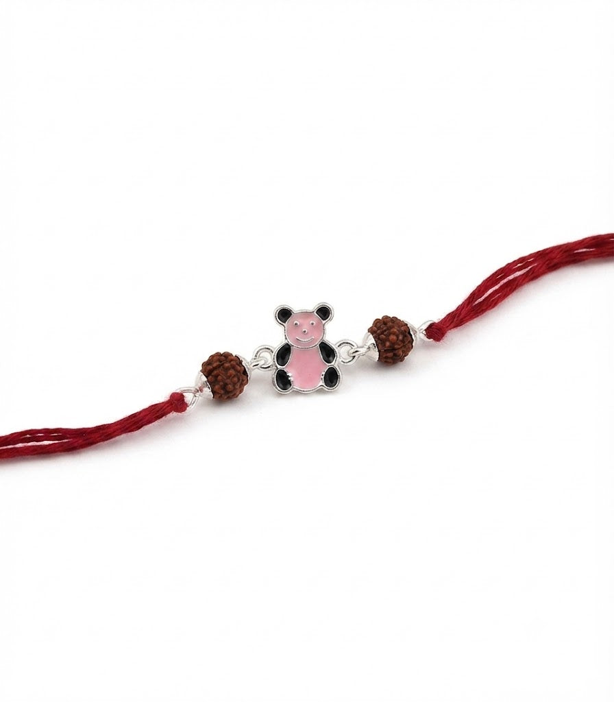 Cute Pink Bear Enamel Silver Rakhi for Kids