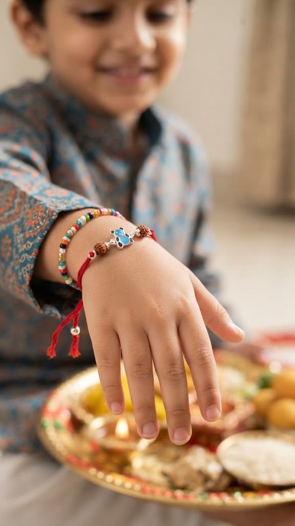 Adorable Bear Cub Silver Rakhi with Rudraksha Beads for Kids