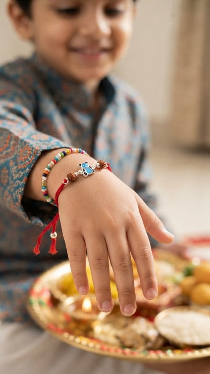 Adorable Bear Cub Silver Rakhi with Rudraksha Beads for Kids