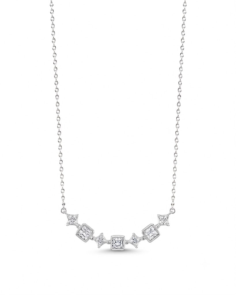 92.5 Sterling Silver Station Necklace with Square Cut Clear Stones Minimalist Chain