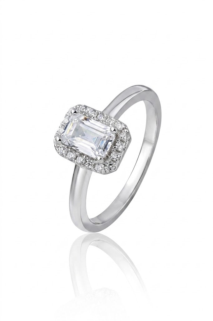 925 Sterling Silver Emerald Cut American Diamond Halo Ring for Women Promise Gift