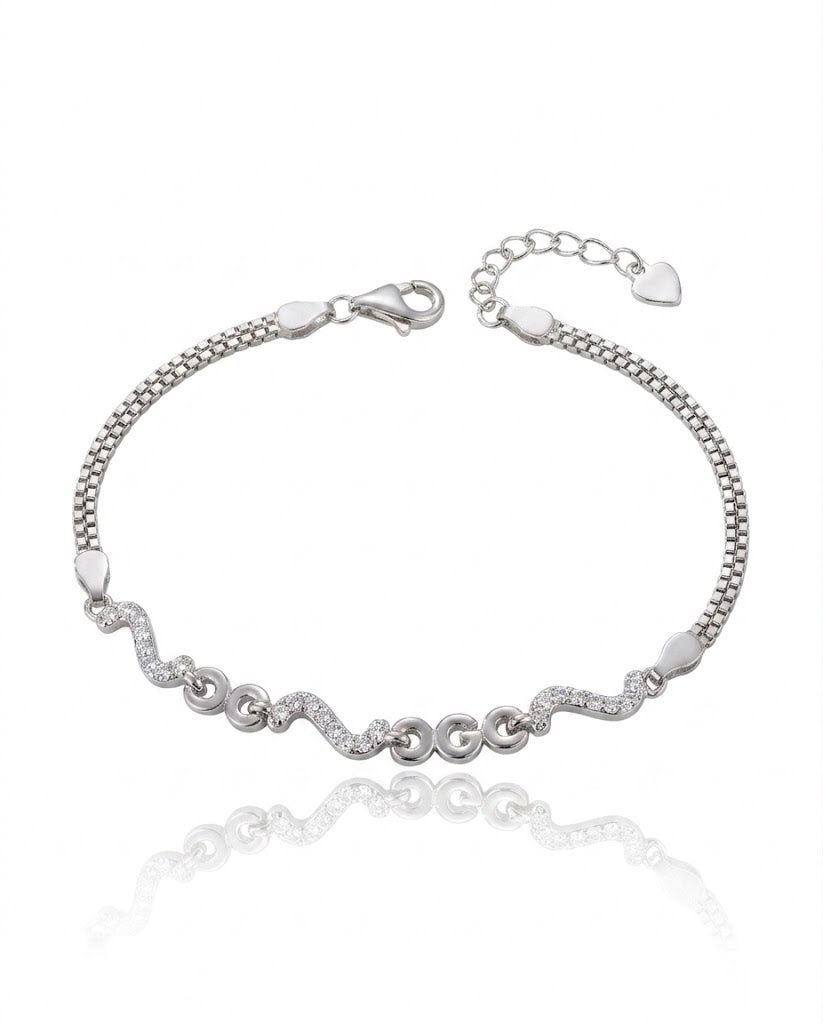 Silver Wave Link Bracelet with American Diamonds