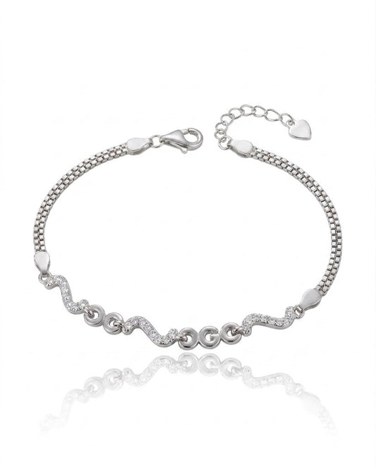Silver Wave Link Bracelet with American Diamonds