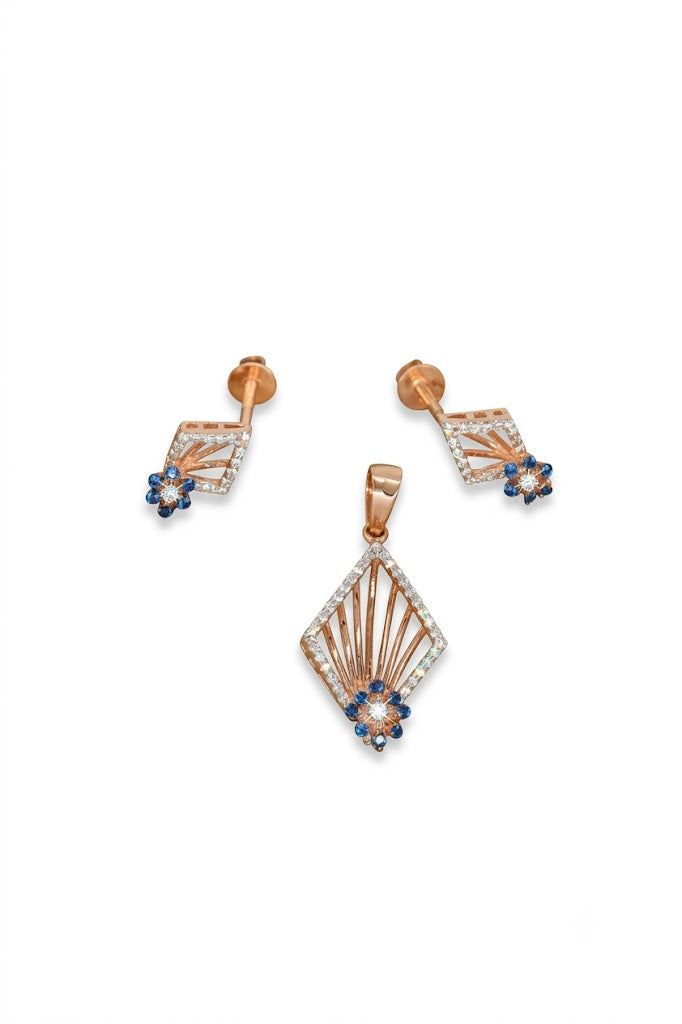 Rose Gold Diamond & Blue Sapphire Pendant and Earring Set – Art Deco Geometric Design