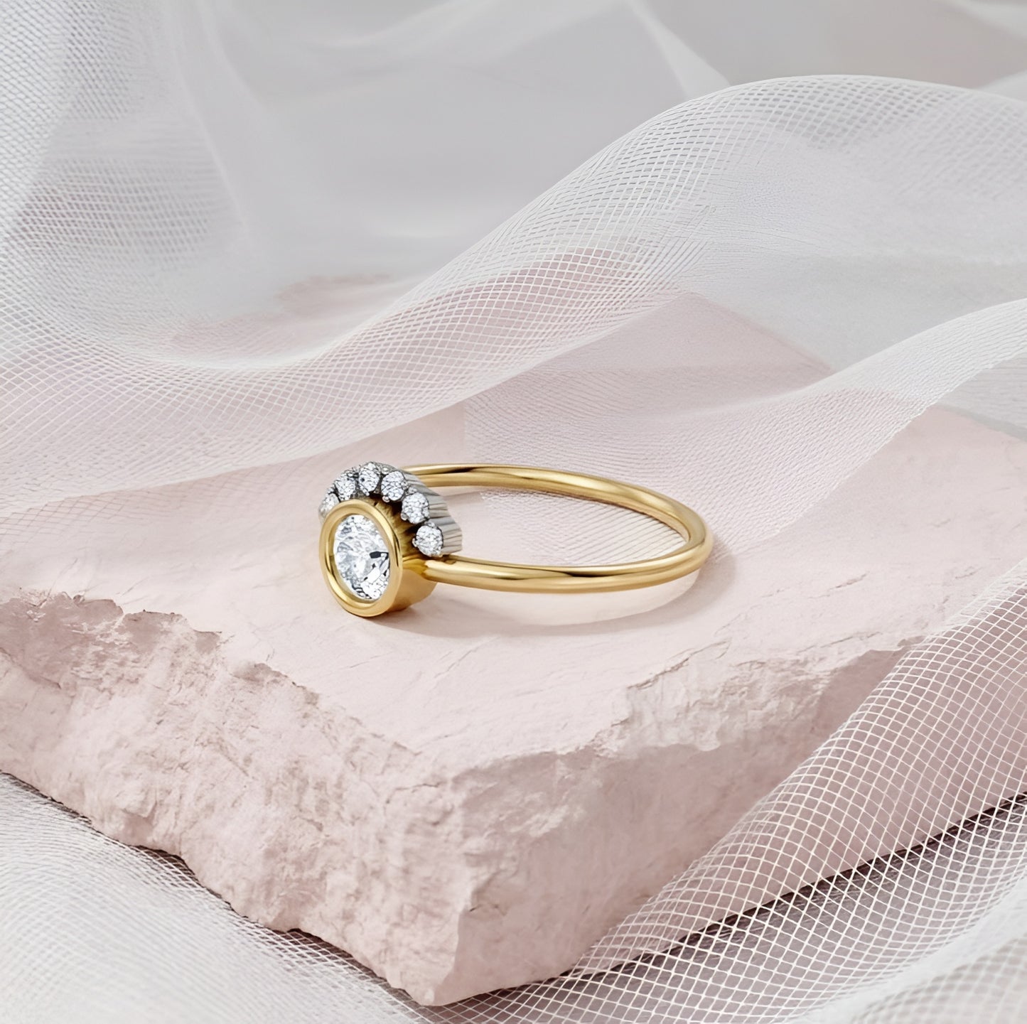 Moissanite Bezel Set Halo Ring in Solid 14KT Yellow Gold | Nakrani Gold Hallmark Quality