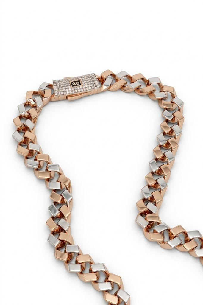 Rose Gold and Silver Dual-Tone Square Link Chain Necklace with Signature Diamond Clasp