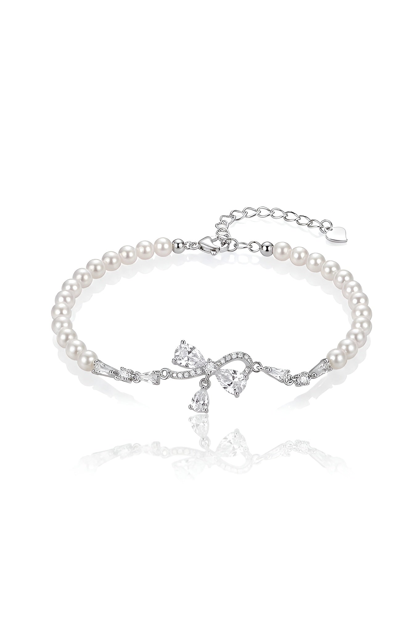 925 Sterling Silver Adjustable Bracelet American Diamond & Pearl Bow Bracelet