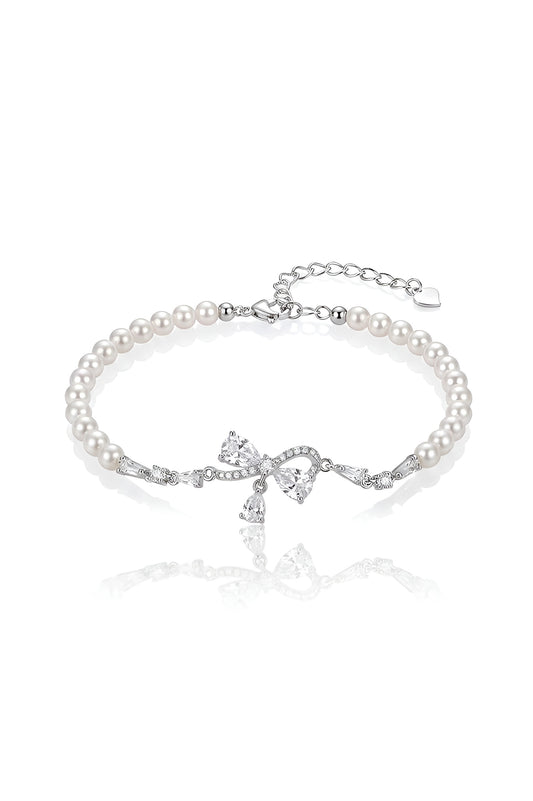 925 Sterling Silver Adjustable Bracelet American Diamond & Pearl Bow Bracelet