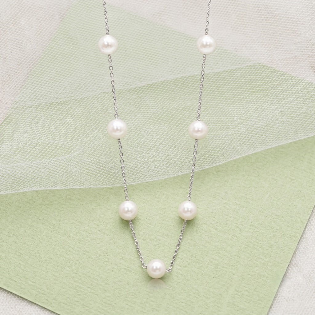 White Pearl Station Necklace Silver Tone Chain Elegant Long Beaded Necklace