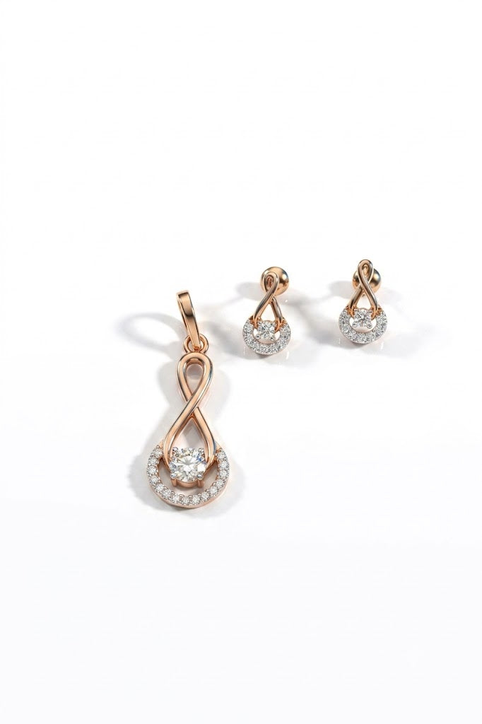Rose Gold Infinity Pendant & Earring Set with Brilliant Diamond Accents