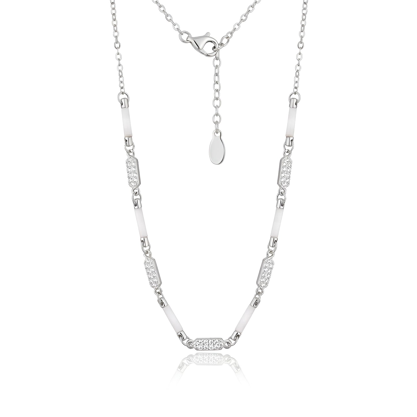 925 Sterling Silver Chain Necklace for Women with American Diamond & White Enamel Bar Accents
