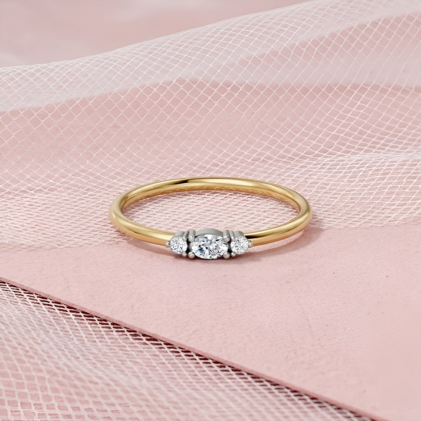 Marquise & Round Diamond Three-Stone Ring in 14K Yellow Gold