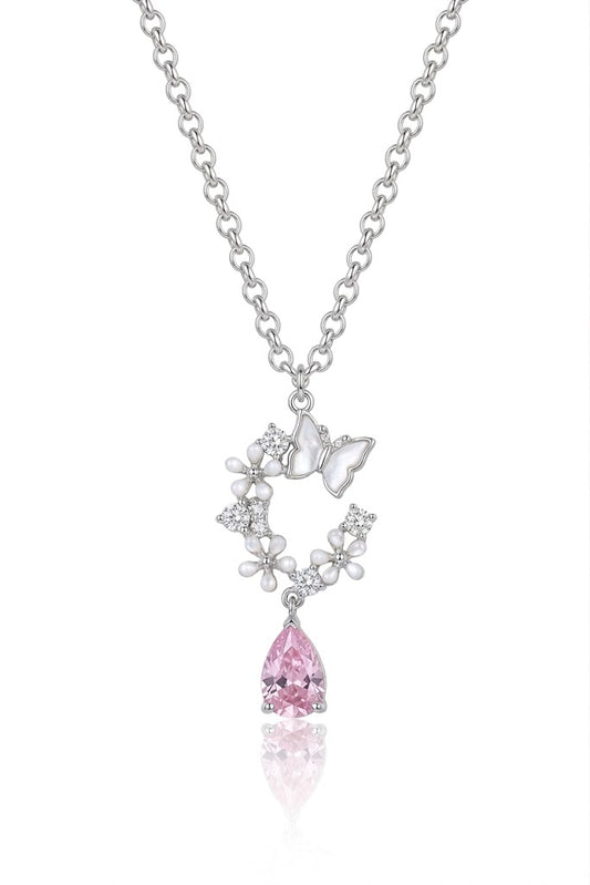 925 Sterling Silver Butterfly Garden Necklace Pink Teardrop CZ American Diamond Pendant Chain For Women Fine Jewelry Gift