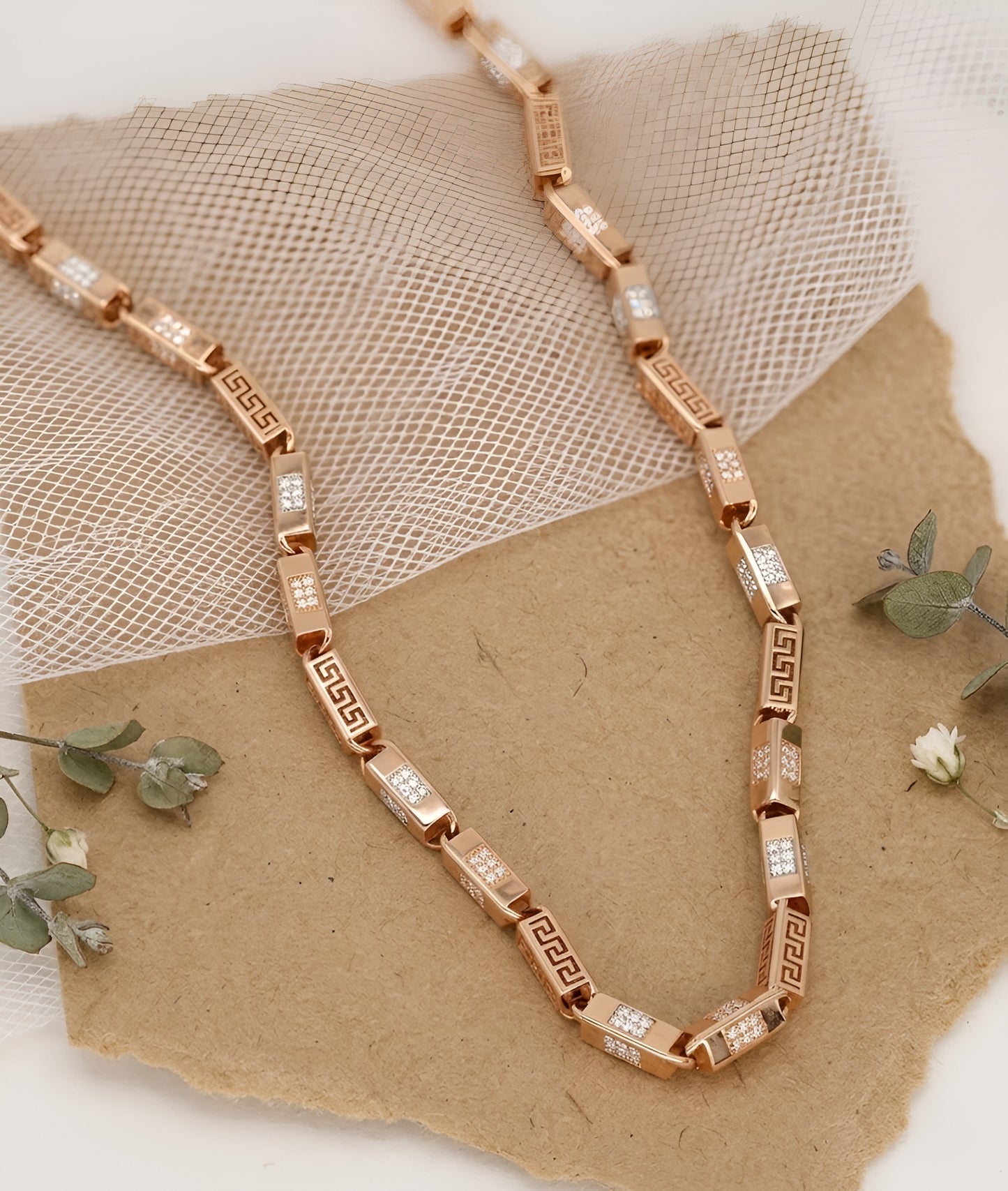 Luxurious Rose Gold Necklace with Greek Key Design and Micro-Pave Diamond Detailing