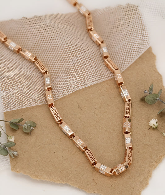 Luxurious Rose Gold Necklace with Greek Key Design and Micro-Pave Diamond Detailing