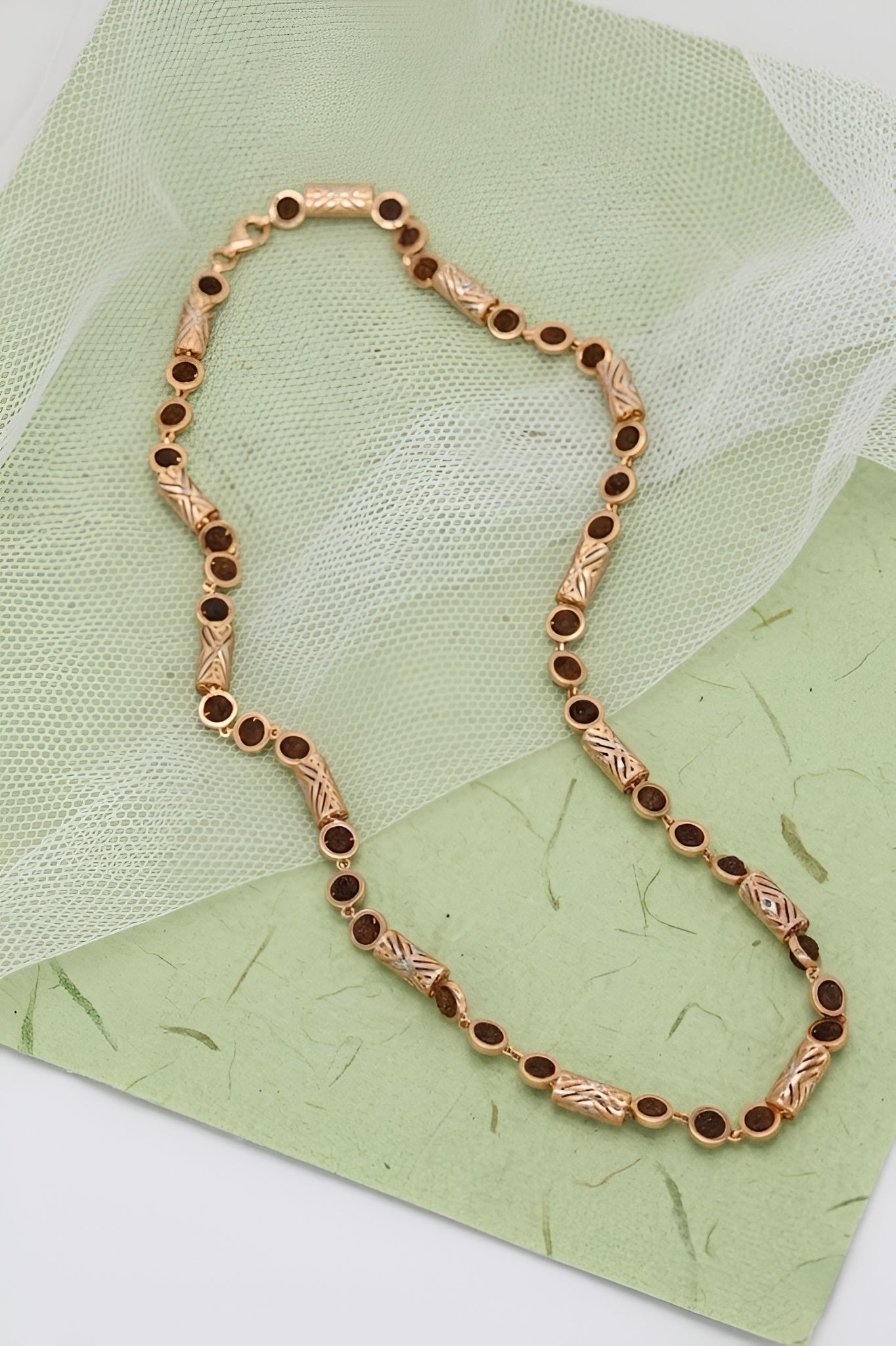 Exquisite Rose Gold Rudraksha Necklace with Intricate Filigree Cylinders