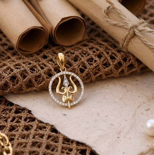 Gold Trishul Men Pendant with American Diamonds – Spiritual Elegance