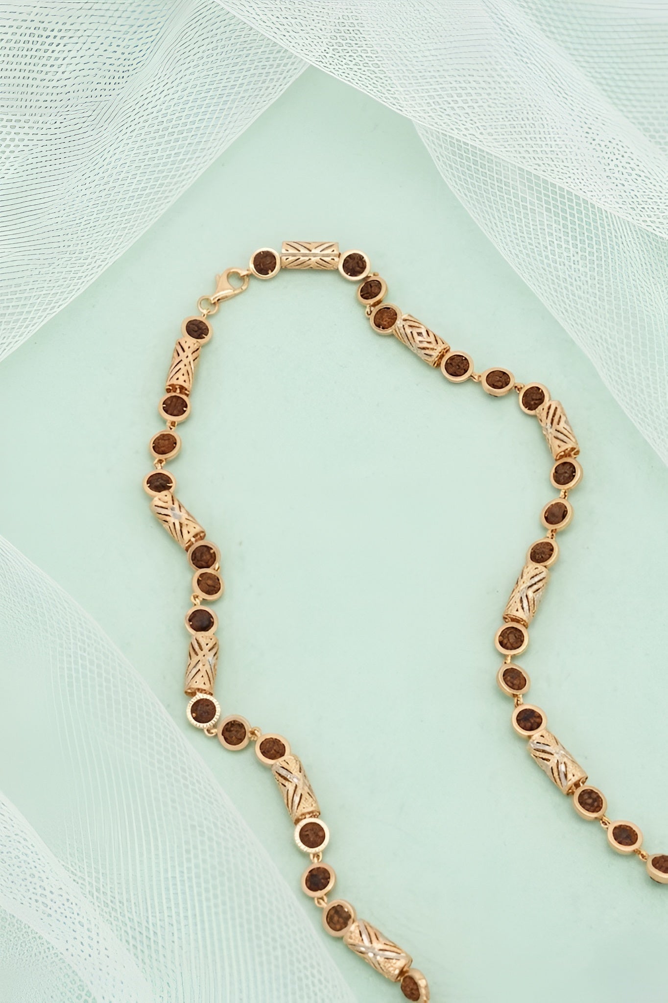 Exquisite Rose Gold Rudraksha Necklace with Intricate Filigree Cylinders