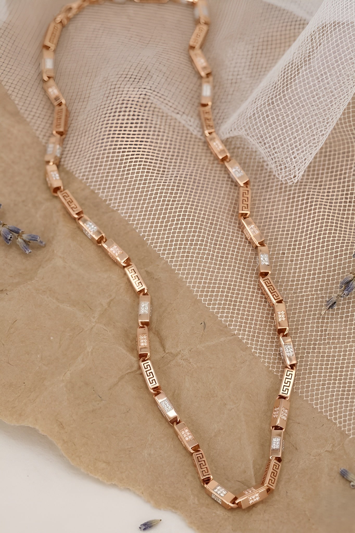 Luxurious Rose Gold Necklace with Greek Key Design and Micro-Pave Diamond Detailing