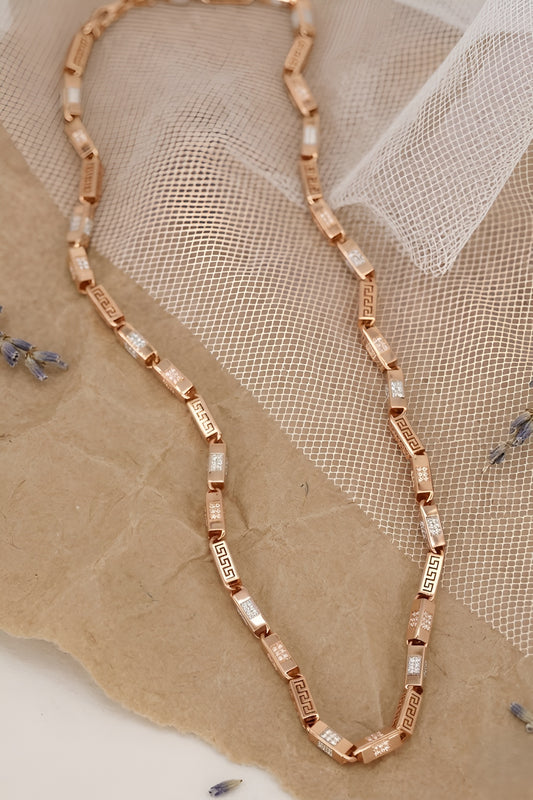 Luxurious Rose Gold Necklace with Greek Key Design and Micro-Pave Diamond Detailing