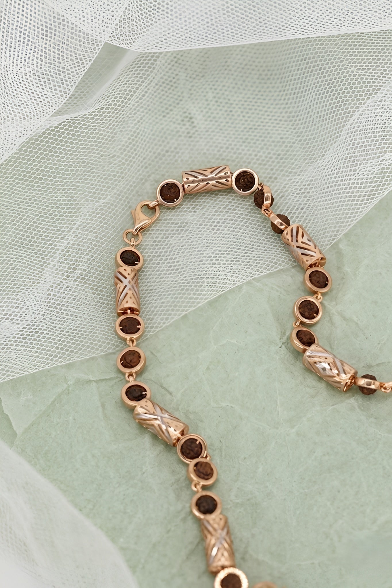 Exquisite Rose Gold Rudraksha Necklace with Intricate Filigree Cylinders