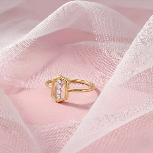 Geometric Hexagon Diamond Ring 14K Yellow Gold Minimalist Vertical 4 Stone Band