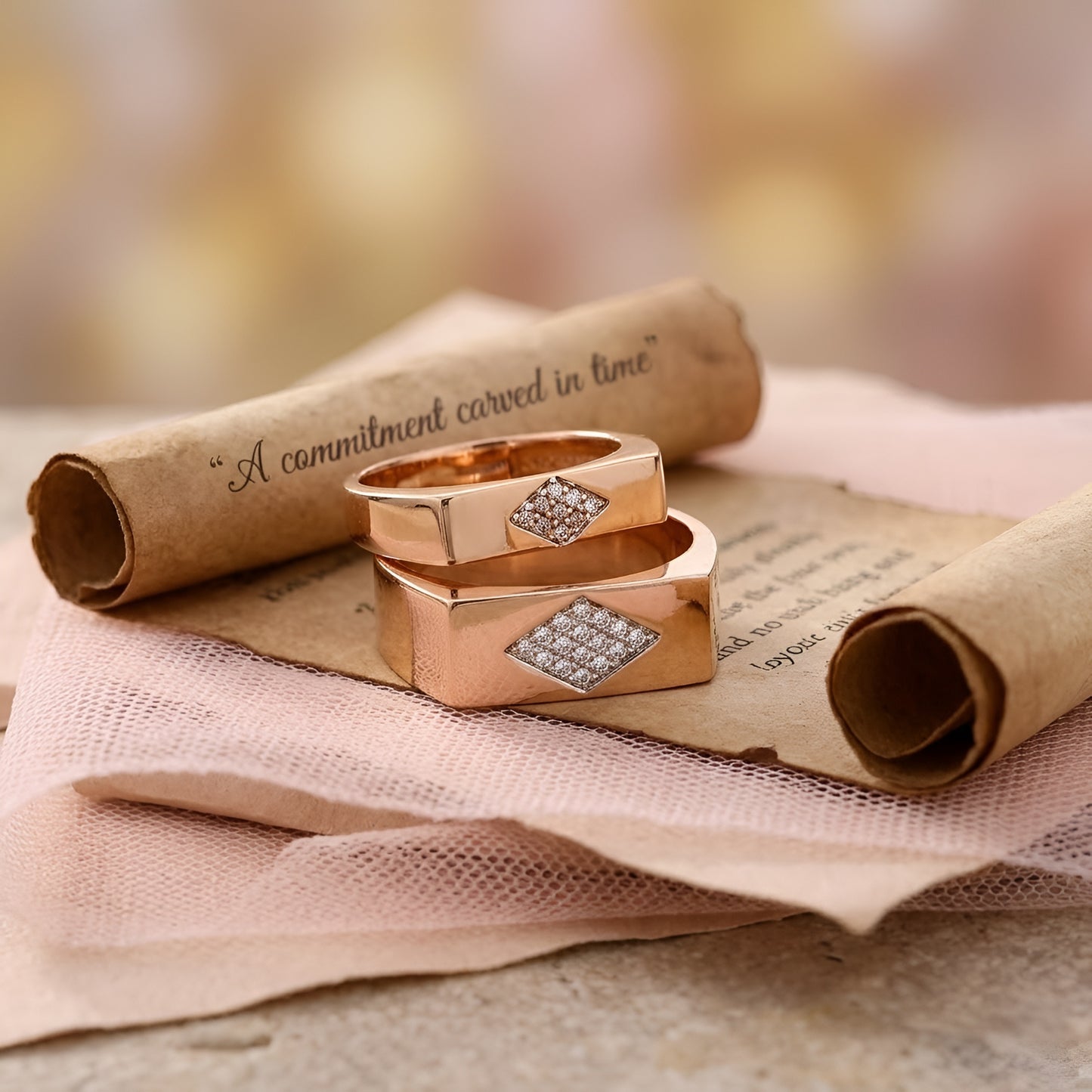18KT Gold Couple Band Ring Set with American Diamond