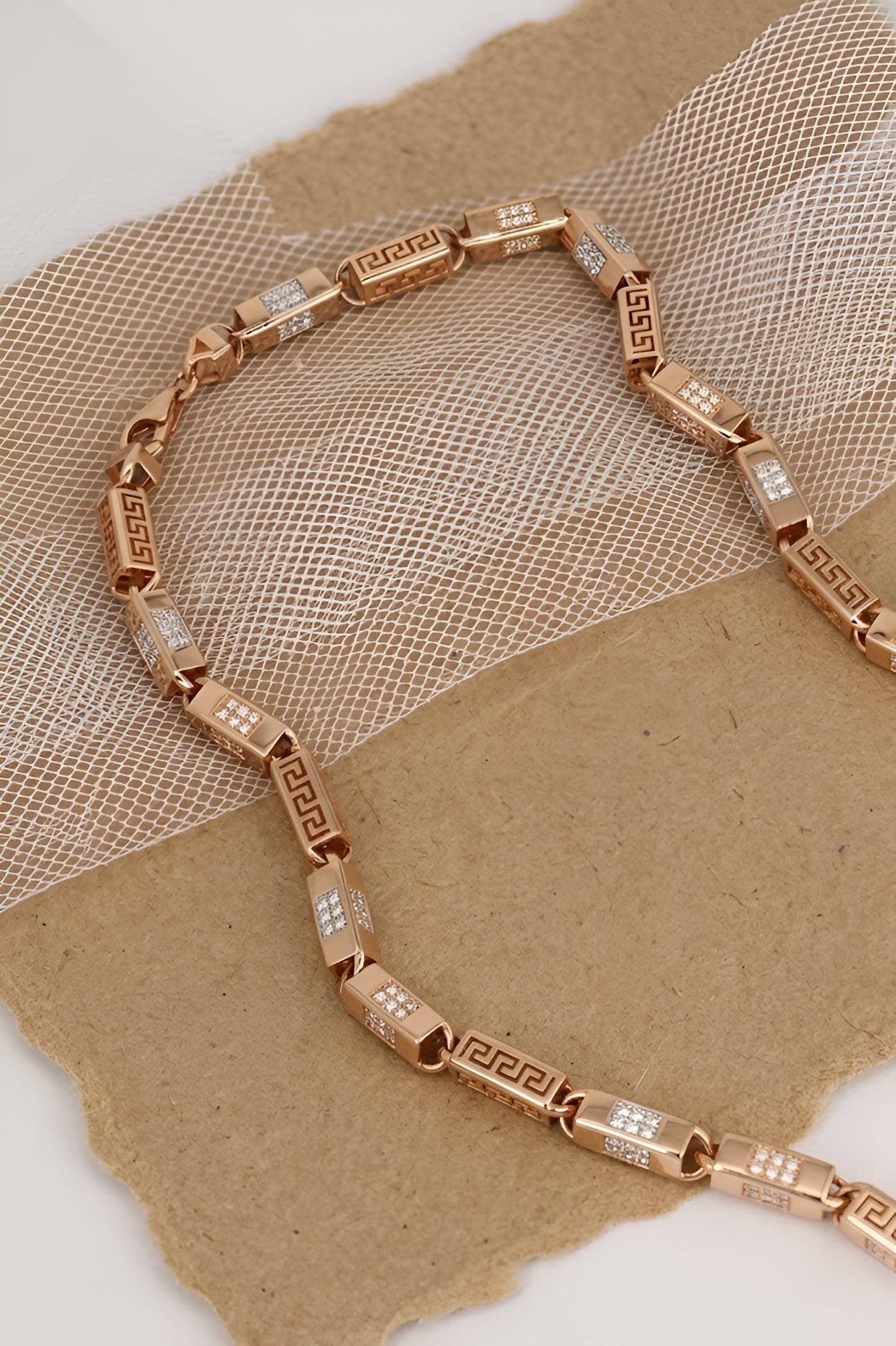 Luxurious Rose Gold Necklace with Greek Key Design and Micro-Pave Diamond Detailing