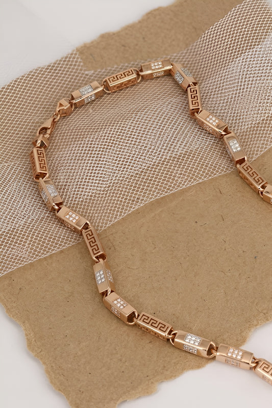 Luxurious Rose Gold Necklace with Greek Key Design and Micro-Pave Diamond Detailing