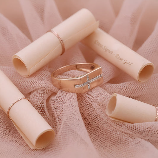 Stunning Rose Gold Cross Band Men Ring with Moissanite Diamonds